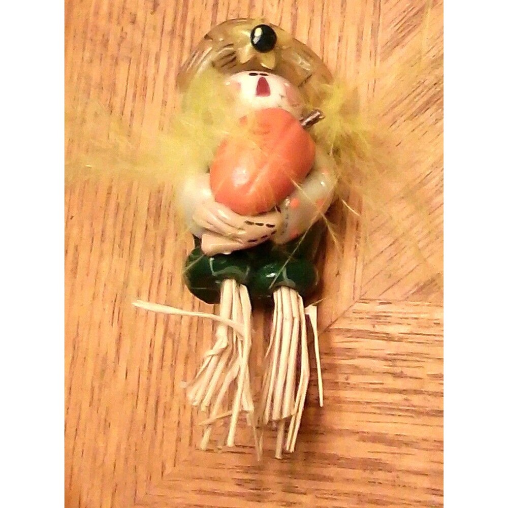 Vintage 1980s Handmade Clay Scarecrow Pin Brooch Pumpkin Raffia Fall Holiday Wea